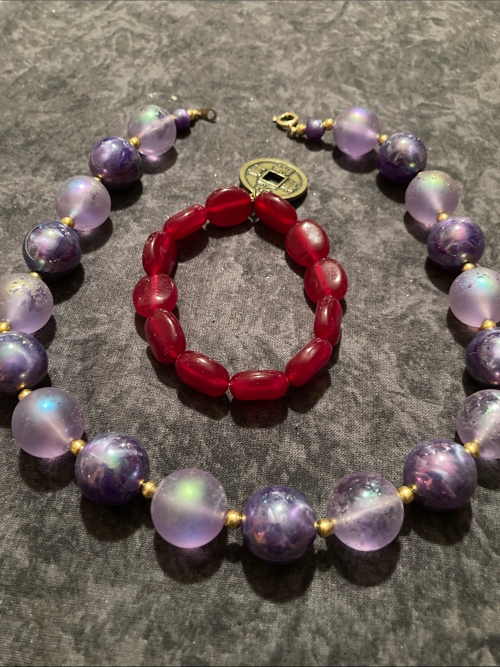 Purple Beaded Necklace with Red Bracelet Bundle